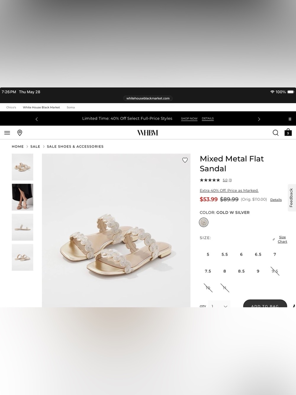 WORN ONCE! White House Black Market Mixed Metal Flat Sandal - Picture 2 of 9